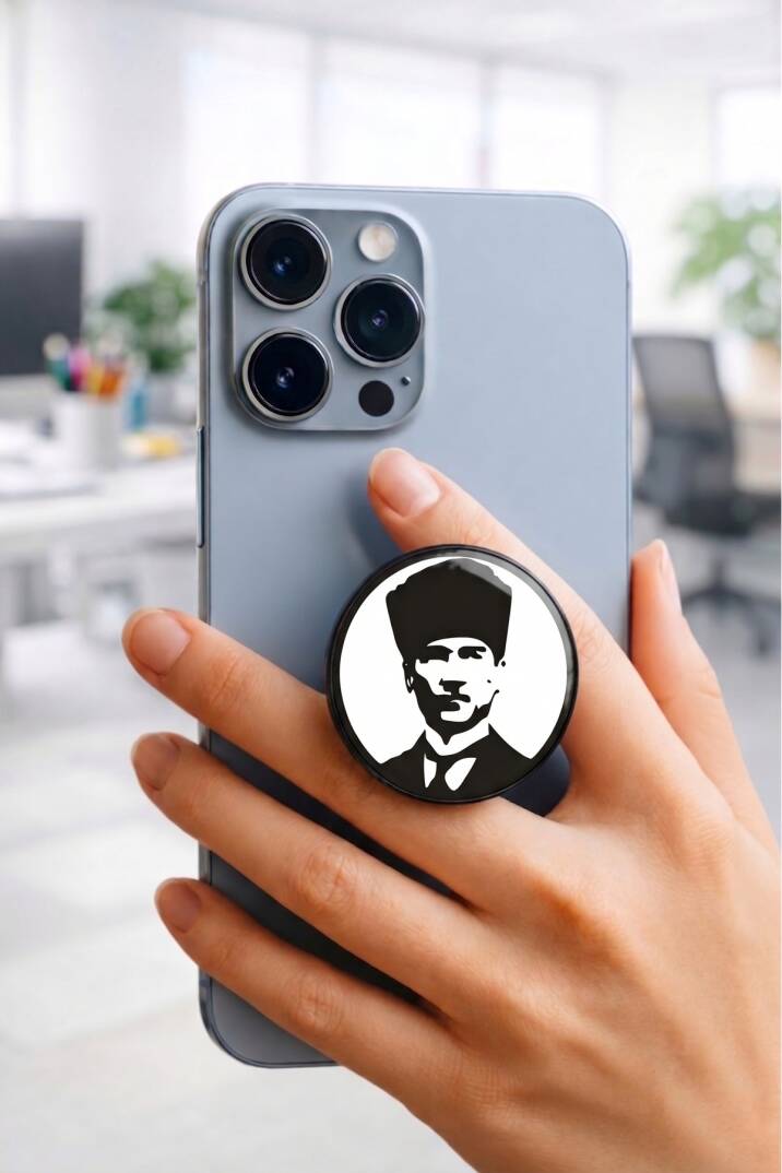 Atatürk Silüet Telefon Tutucu Pop Socket Rahat Kullanım Parmak Tutucu Siyah 1 Yıl - 1
