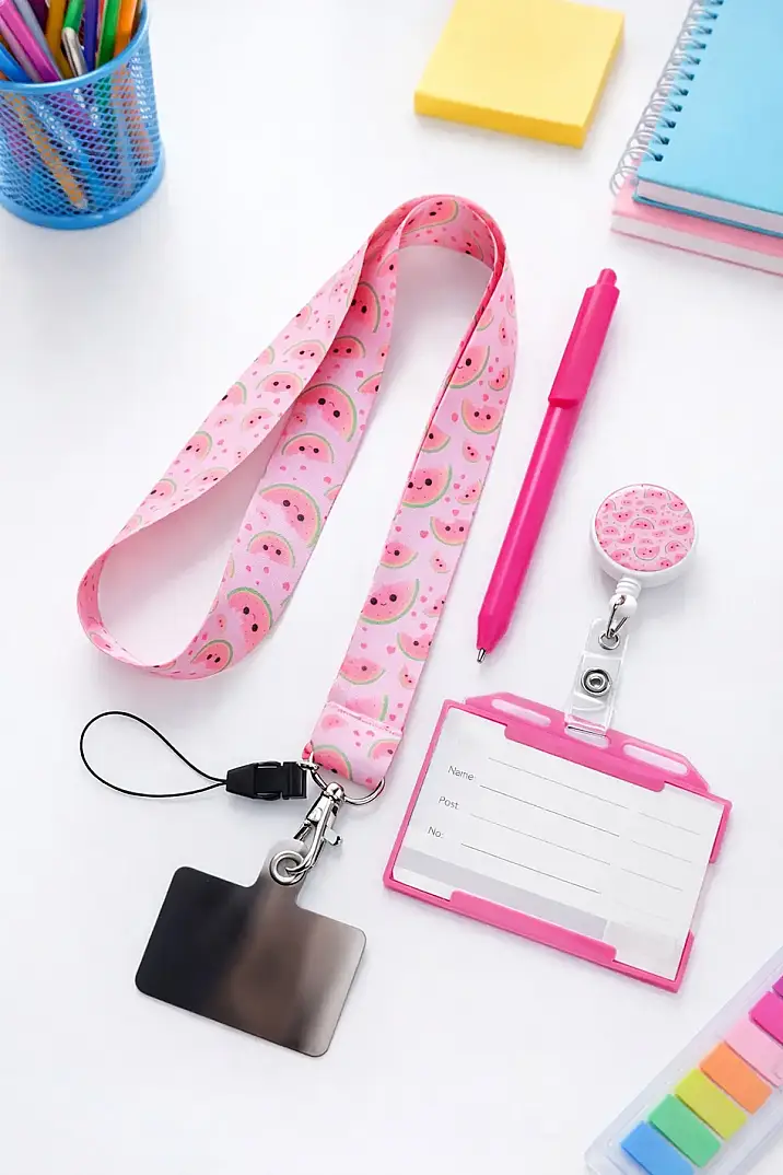 Pembe Karpuz Desenli Beşi Set - Boyun İpi, T364, Kart Kabı, Yoyo, Kılıf içi Tutucu - 1