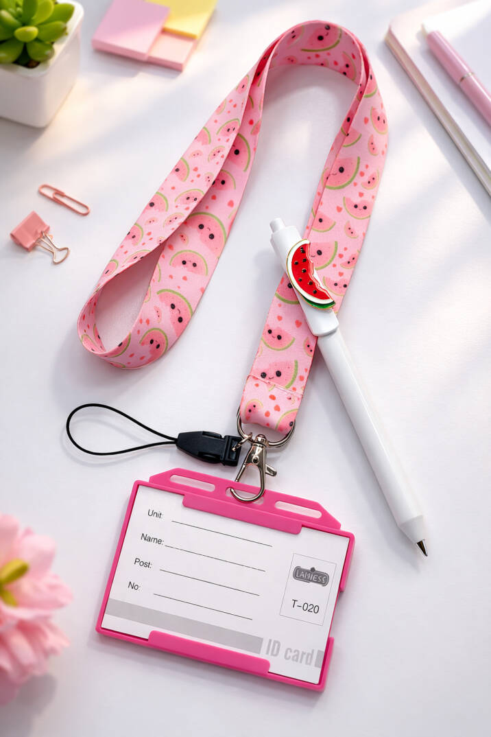 Pembe Şirin Karpuz Desenli Boyun İpi & Pembe Kart Kabı İkili Set - 2