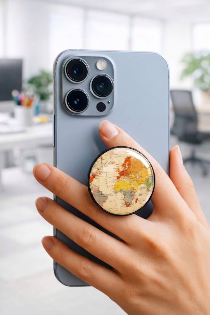 Retro Atlas Dünya Telefon Tutucu Pop Socket Rahat Kullanım Parmak Tutucu Siyah 1 Yıl - 1