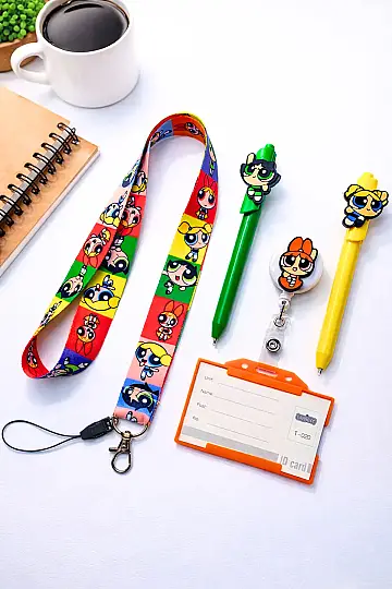 Sevimli Powerpuff Girls Beşli Set - Boyun İpi, Kart Kabı, Yoyo, İki Kalem